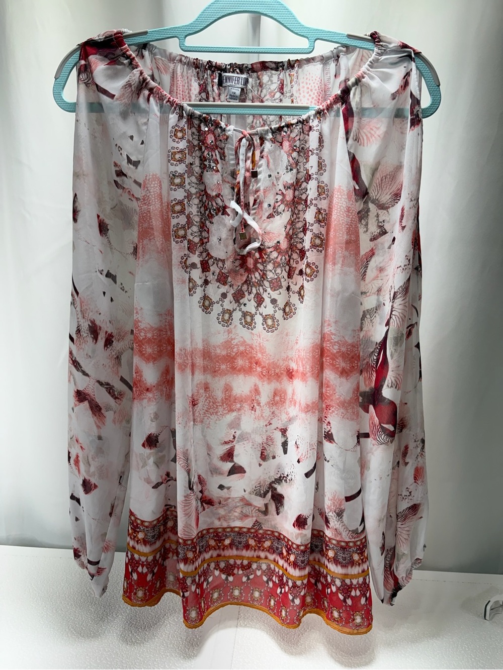 Jennifer Lopez Sheer Floral Peasant Tunic in Coral, Burgundy & White 4386
